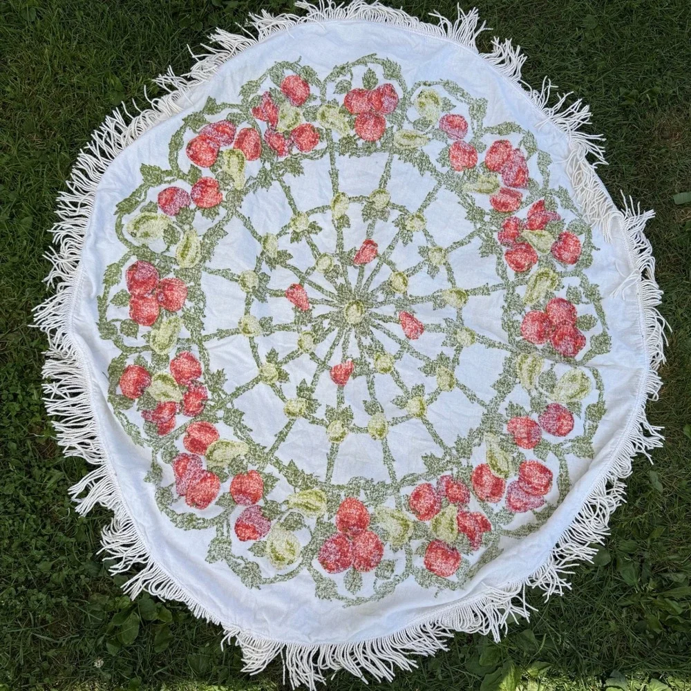 VTG Round Terry Cloth Tablecloth Beach Towel 49in Fruit Apple Pear Fringe Retro